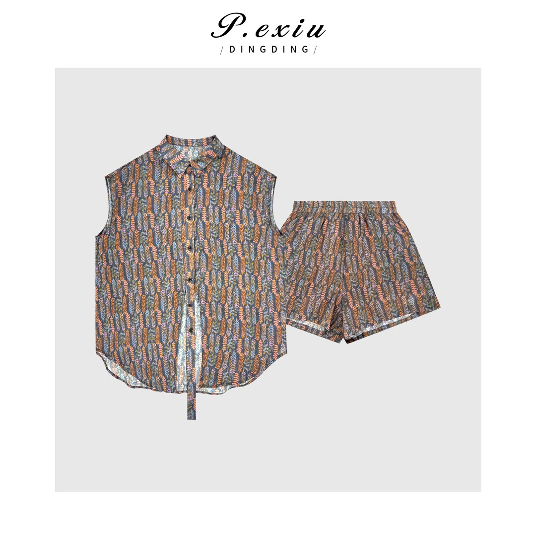 100%苎麻夏季轻薄透气印花衬衫短裤套装 H2533