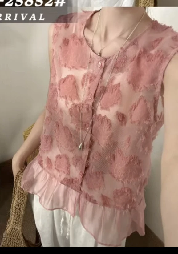 【罗罗严选】25852夏季设计感毛须圆领无袖甜美娃娃衫