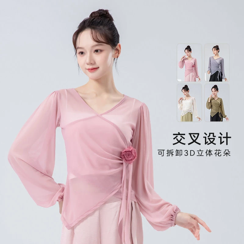 国风古典舞练功服女春季新款交叉v领立体花朵长袖现代舞蹈服上衣