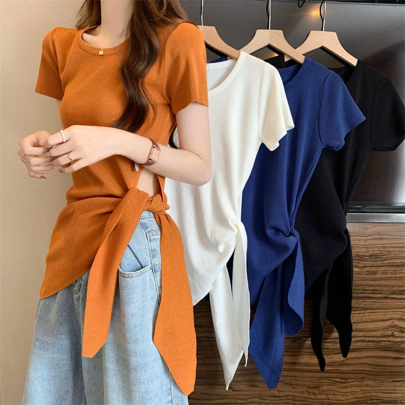 【现货】不规则侧边绑带短袖T恤女夏季小众针织衫独特别致露腰上衣