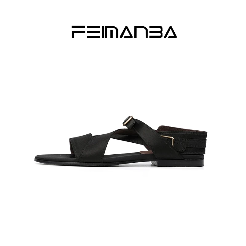 FEIMANBA基石系列 25丝稠法式露趾一字带交叉平底凉鞋女