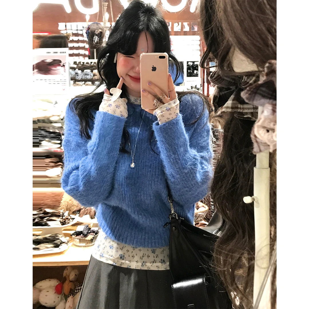 韩系慵懒风蓝色毛衣女秋冬季2025新款宽松长袖针织衫上衣两件套装