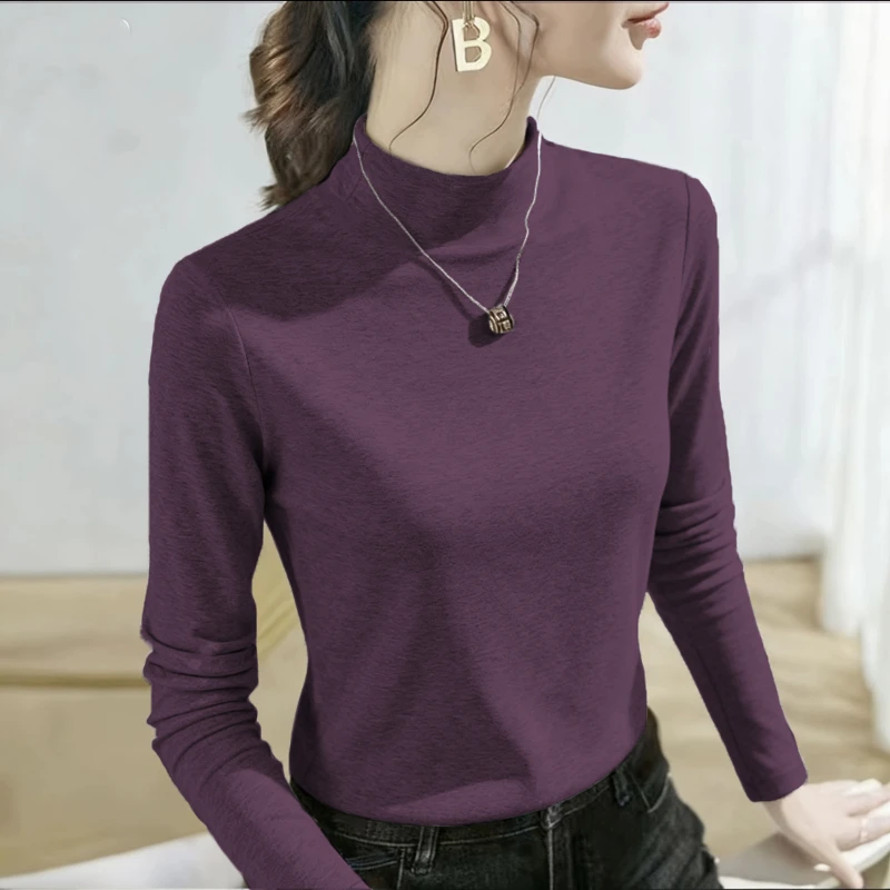 2025新款秋冬季莫代尔半高领葡萄紫打底衫女内搭百搭显瘦减龄长袖
