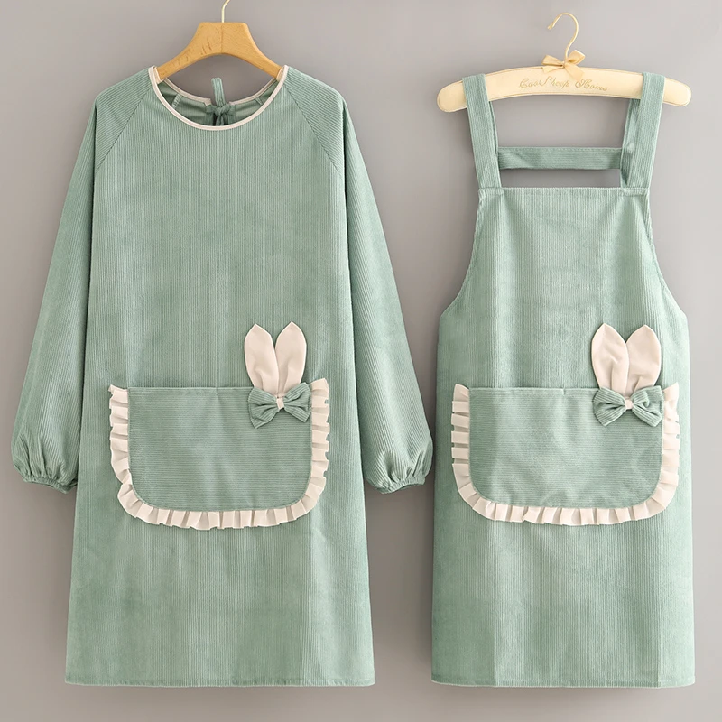 韩版洋派罩衣女新款条绒防水长袖围裙厨房家用做饭大人围腰工作zk