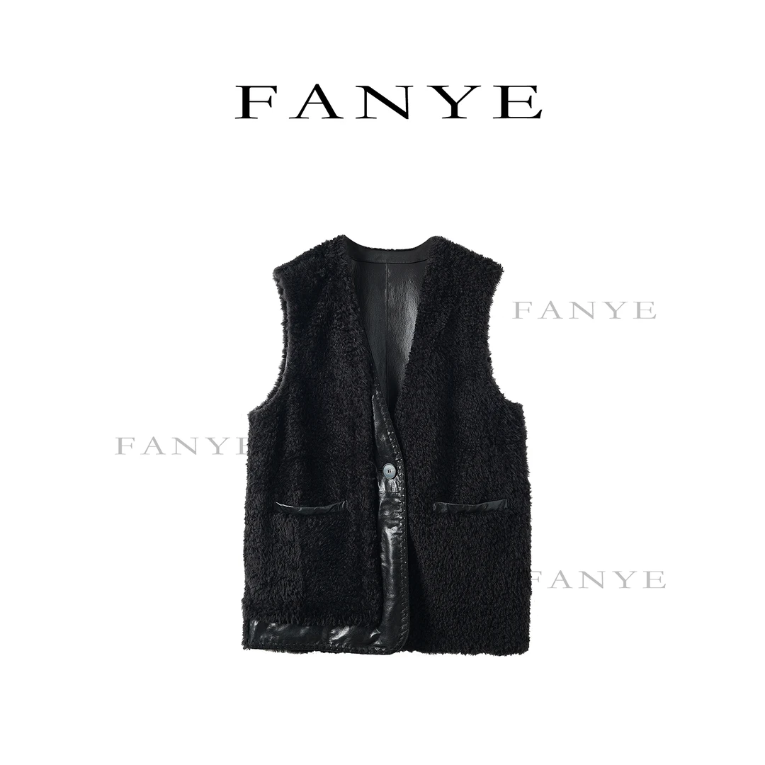FANYE 2025冬季新款极简重工拉贡拼接油蜡绵羊皮马夹9257