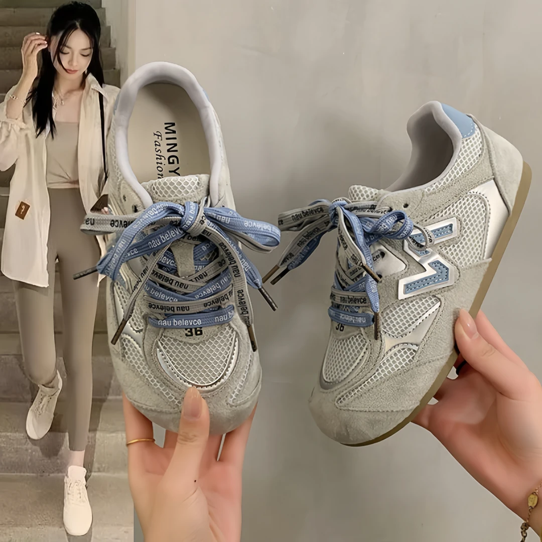 网面德训鞋女2025年夏季新款透气显脚小运动阿甘鞋平底休闲小白鞋