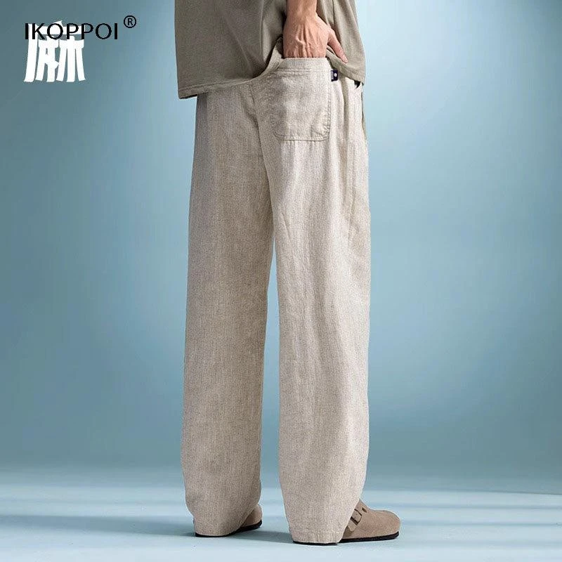 高端亚麻裤男士宽松直筒阔腿夏季薄款大码垂感日系简约休闲棉麻裤