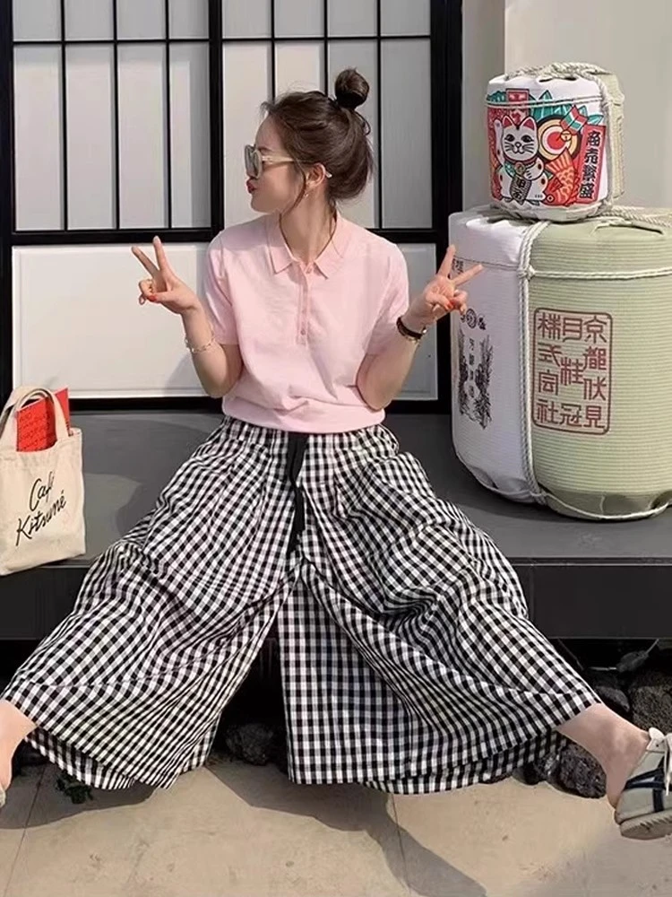 口袋洋气宽松长裤休闲裤学生时尚高腰裙裤夏季格子七分裤女款阔腿