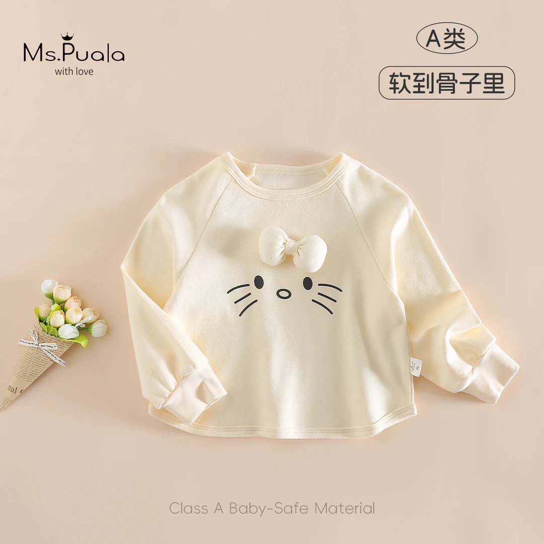 【MsPuala 奶油KT猫】2025春秋宝宝纯棉T恤婴幼儿长袖衫立体蝴蝶结