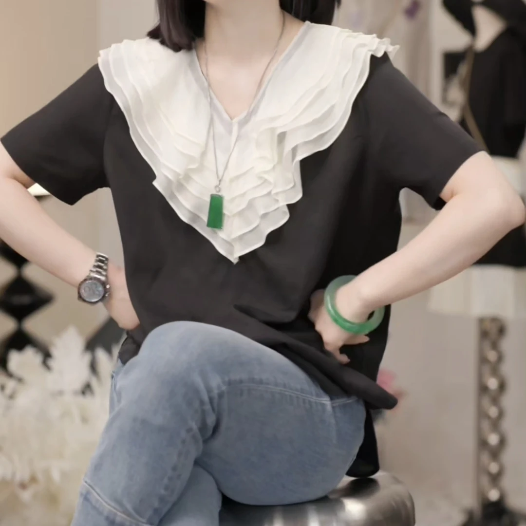 夏季设计小众洋气V领波浪花边休闲短袖上衣时尚简约气质百搭7403