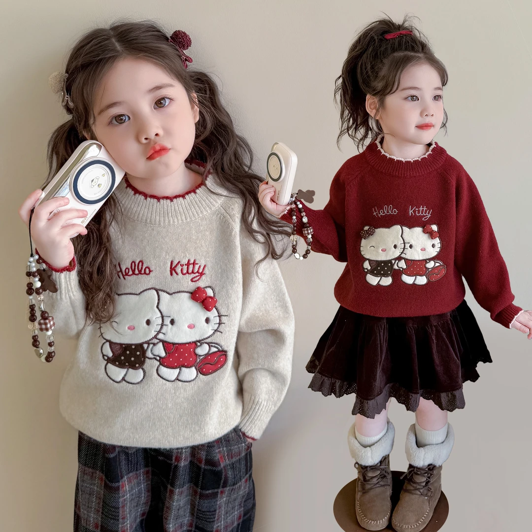 女童加绒毛衣秋冬款2025新款女宝猫咪时髦儿童加厚冬装套头针织衫