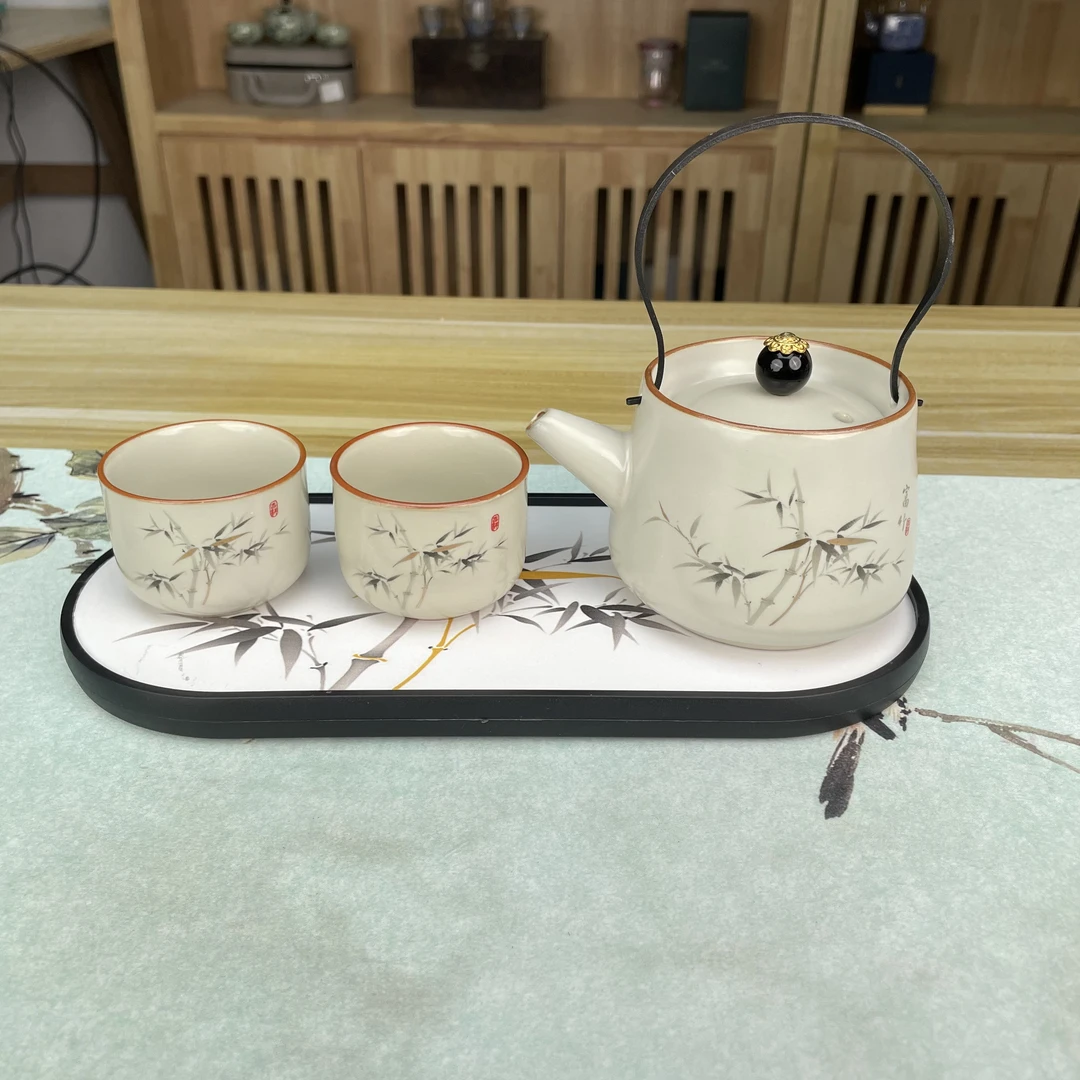 黄汝 提梁壶【墨竹】+2杯+墨竹茶盘C0919
