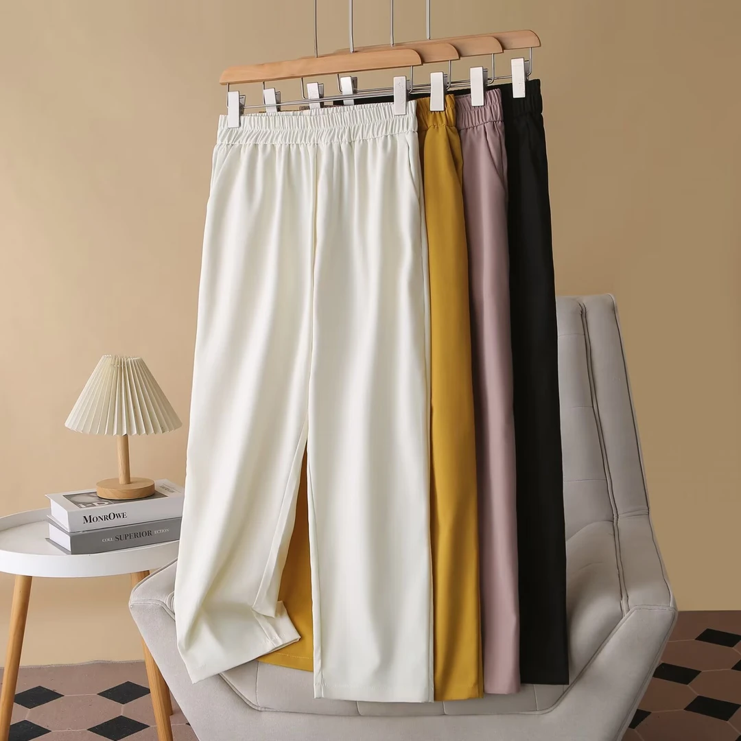 LIN920彩色基础款松紧腰休闲裤大码女装垂感直筒九分裤夏季百搭