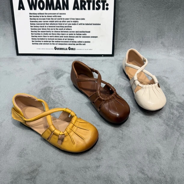 8101牛皮学院风圆头包头凉鞋时装凉鞋时尚软底复古奶奶鞋镂空春夏