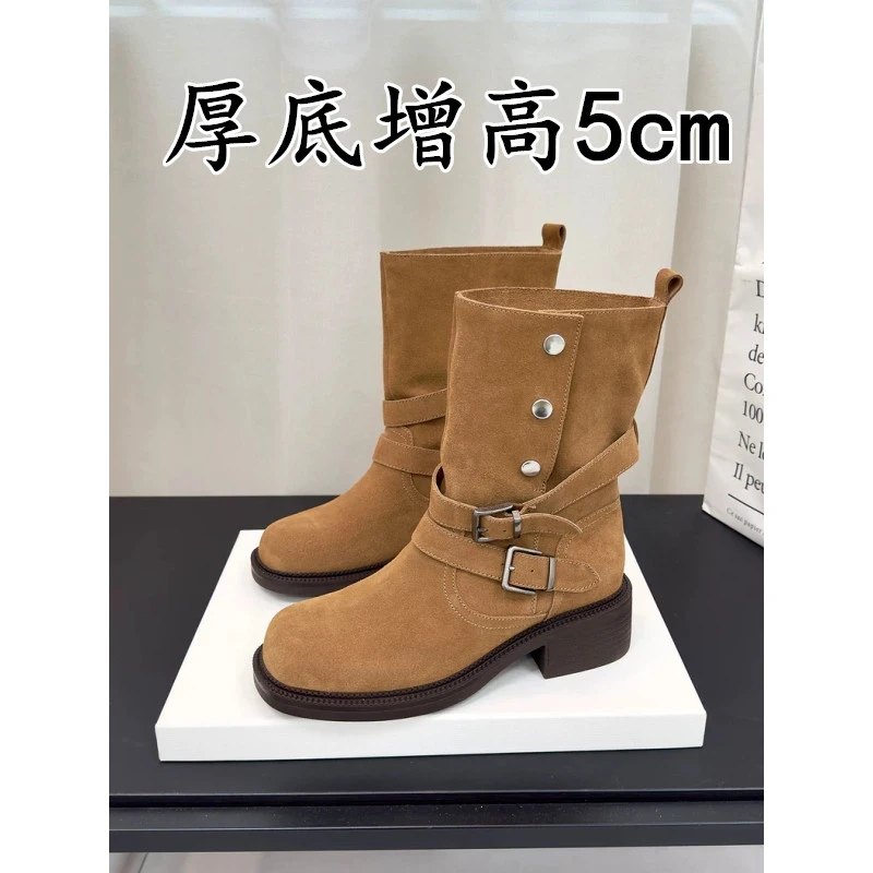 美拉德磨砂皮骑士靴女2025新款马丁靴西部牛仔堆堆靴真皮女短靴