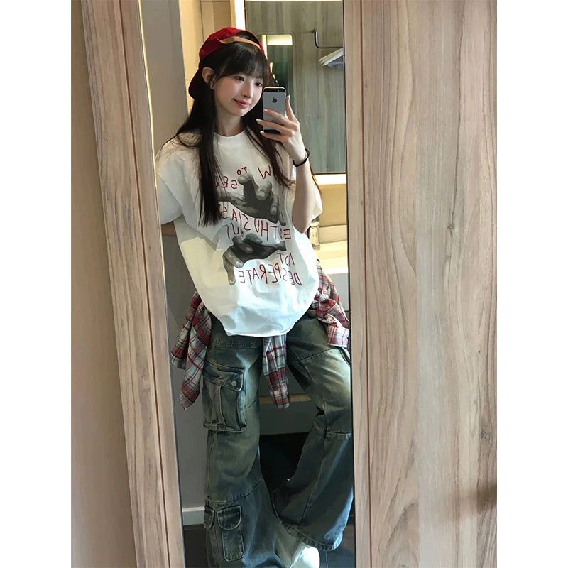 美式复古重磅纯棉短袖t恤女2025夏季新款宽松休闲百搭印花上衣ins