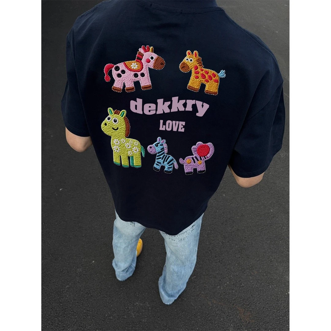 100%纯棉美式高街仿刺绣小马驹印花短袖T恤夏季男女宽松情侣上衣