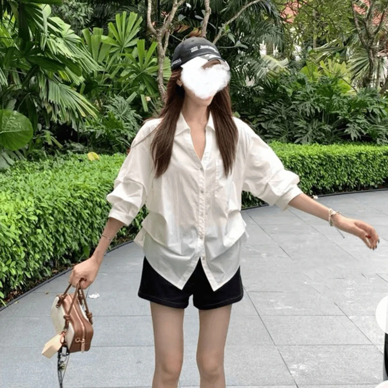 老钱风百搭翻领长袖衬衫女秋季新款设计感小众收腰褶皱白色上衣服