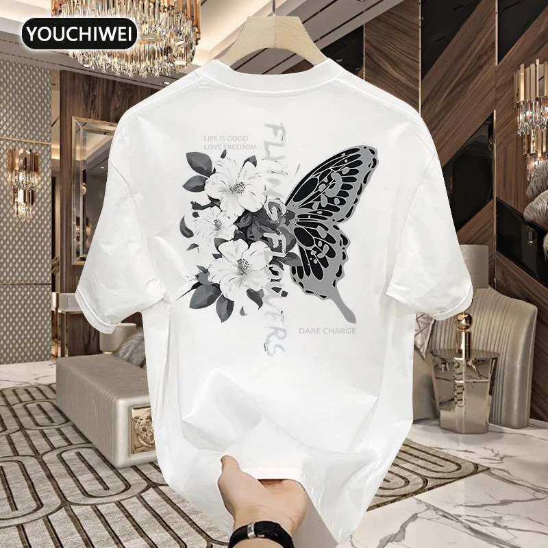 优驰威纯棉潮牌重磅短袖圆领T恤蝴蝶印花潮流休闲ins百搭上衣t恤