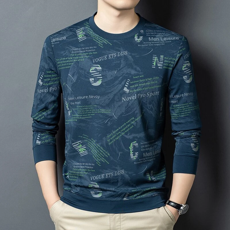秋季长袖t恤印花流光风男士印花卫衣休闲上衣中年男士潮流薄款
