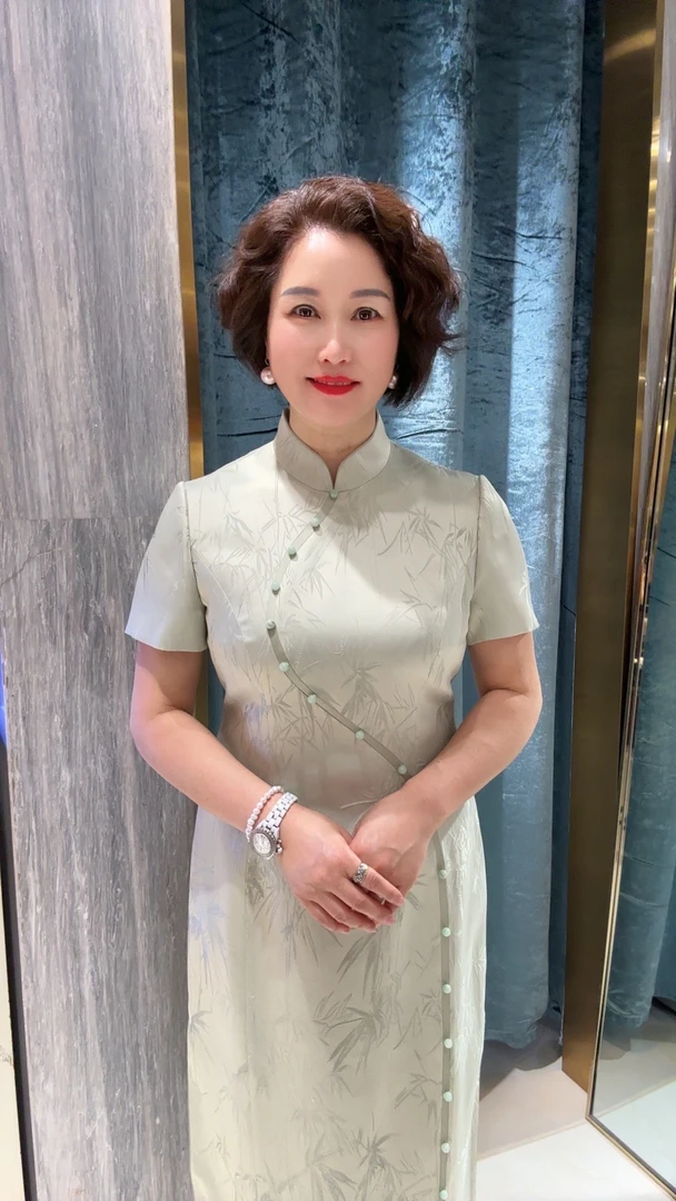 170023朱紫褕绿色提花竹报平安优雅知性喜妈妈礼服