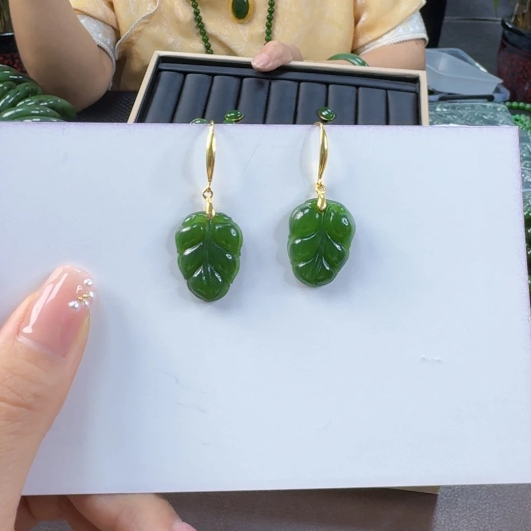和田玉（碧玉）银S925镶嵌耳饰