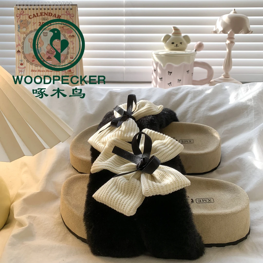 啄木鸟甜美蝴蝶结毛毛拖鞋女秋冬外穿2025新款复古厚底勃肯棉拖鞋