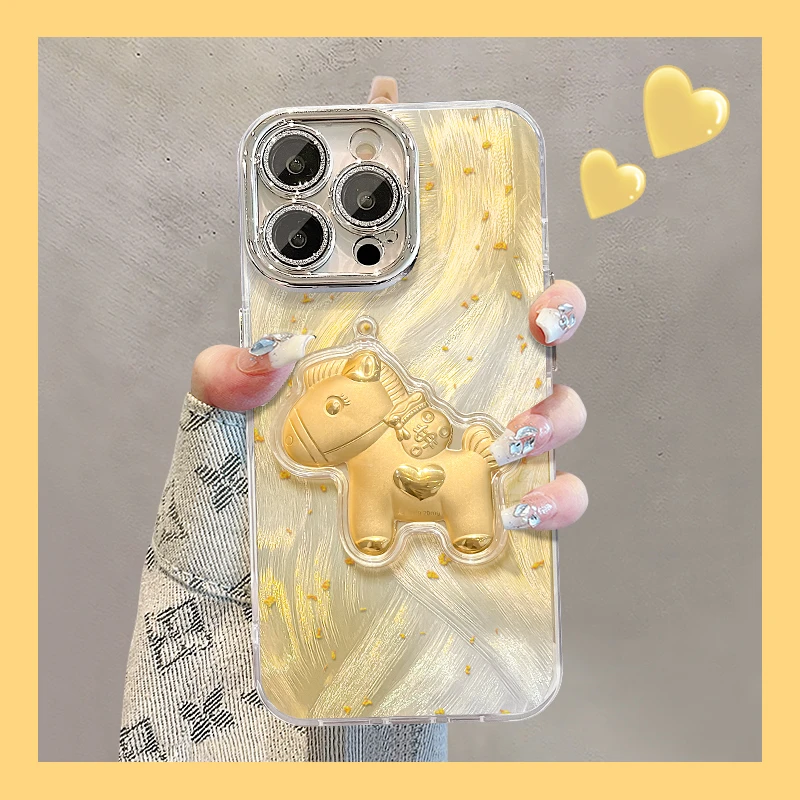 金箔马公仔适用苹果17华为vivo/oppo小米iPhone16精孔羽纱手机壳