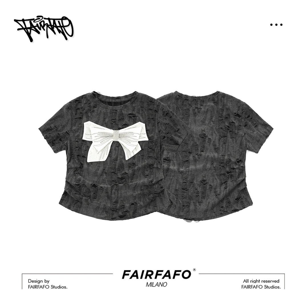 FAIRFAFO林肉肉【蝴蝶结破洞短袖】TXDL52250夏季设计感破洞短袖T恤