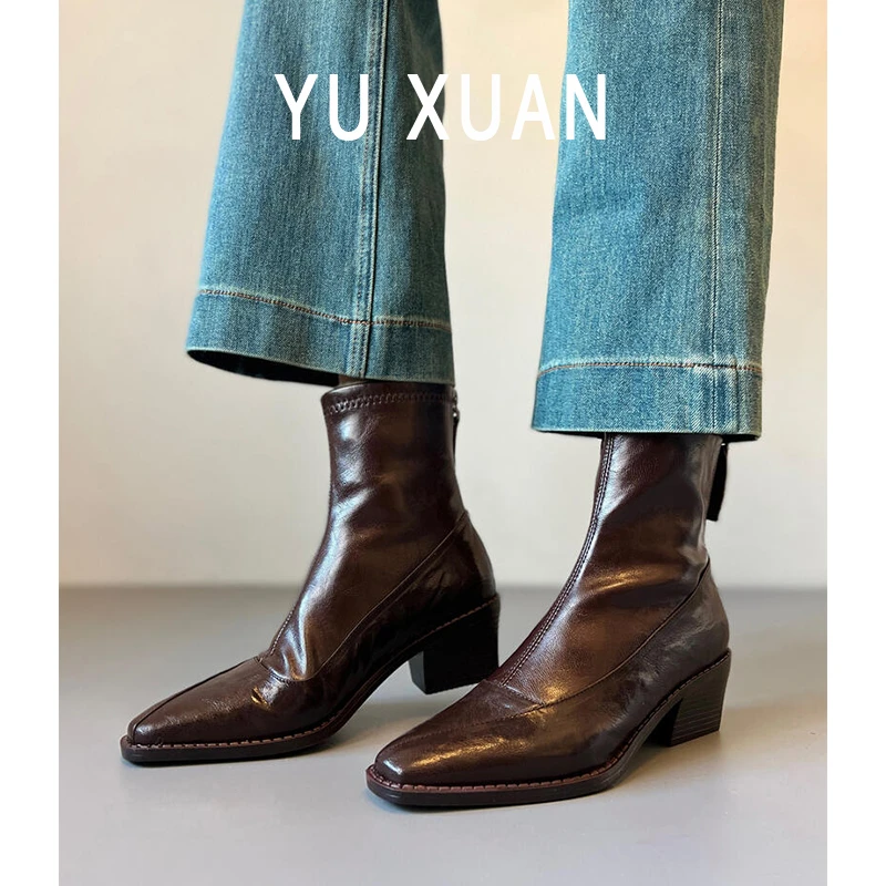 羊皮~复古方头粗跟短靴女真皮拼接切尔西靴通勤百搭黑色靴子新款