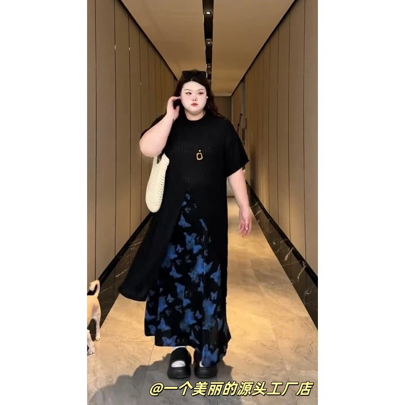 大码黑色复古不规则上衣蝴蝶半身长裙两件套装99186#