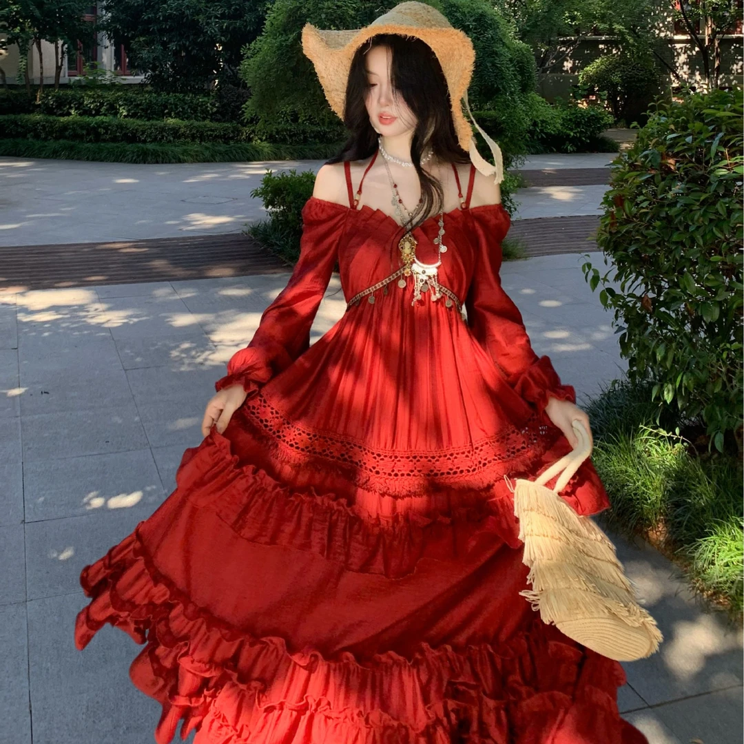 Blovelan盛焰炫舞 多巴胺气质度假风收腰露肩泡泡袖长裙