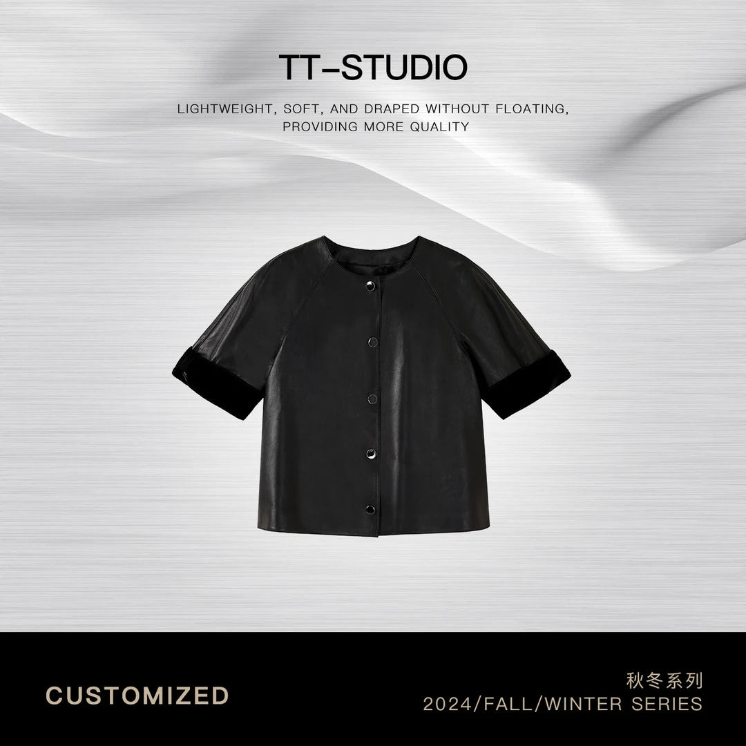 TT【香香皮衣】春夏纯羊皮单排扣短袖圆领短款皮衣TT-11F24350