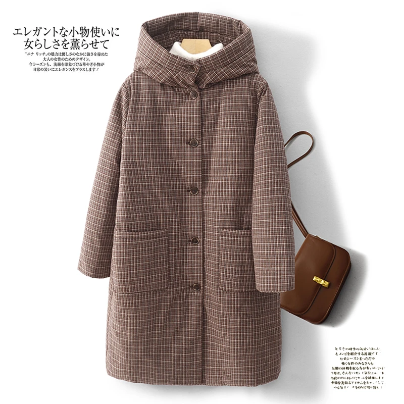 品牌折扣店复古风格子棉衣女冬季款宽松大码加厚保暖立领夹棉外套