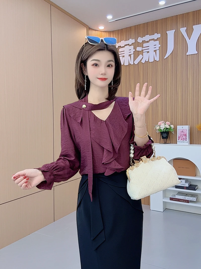 【潇潇】新款2025气质长袖洋气时尚法式荷叶边上衣显瘦裙套装