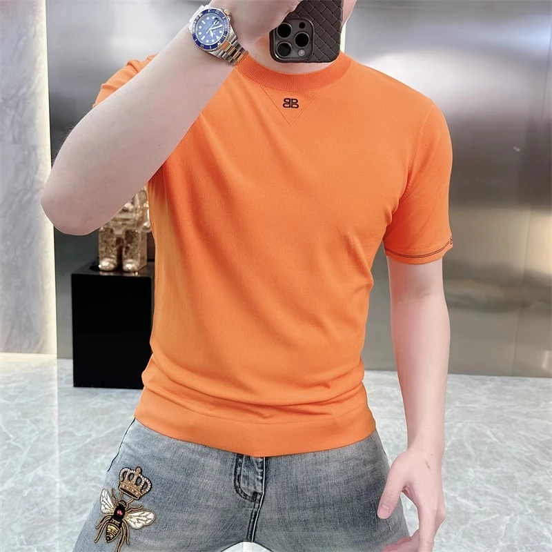 欧货轻奢男士针织冰丝短袖T恤纯色时尚夏季半袖上衣百搭修身25236