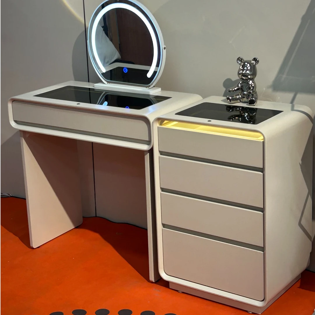小户型梳妆台卧室极简意式烤漆智能灯光化妆桌大容量全实木轻奢
