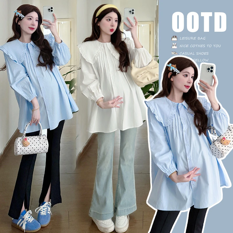 2025早春新款孕妇可爱娃娃领衬衫显瘦气质长袖减龄款百搭衬衣上衣