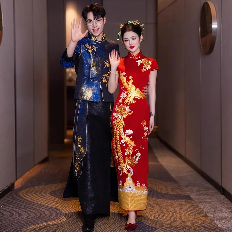 新款男士唐装中式秀禾服新郎敬酒接亲服中国风结婚男士秀禾服新郎