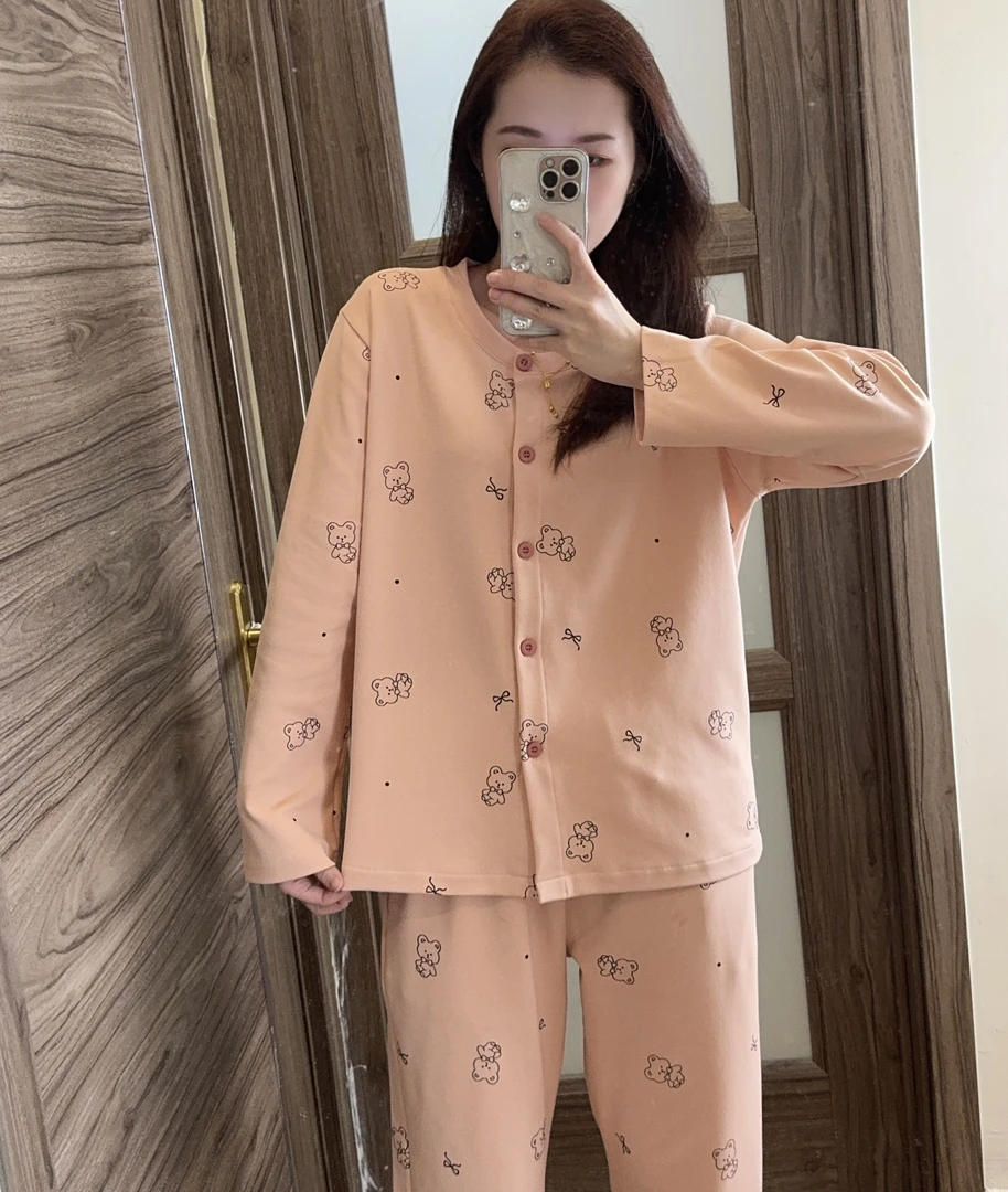 C秋冬带胸垫开衫女士双面棉长袖长裤 圆领小熊套装