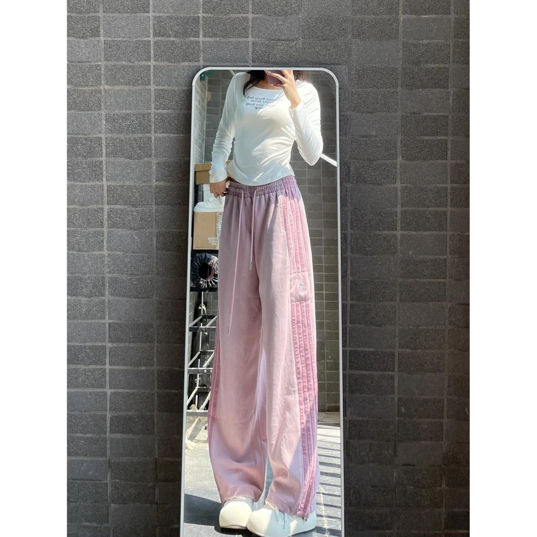 条纹复古美式高街阔腿裤女2025新款宽松抽绳显瘦个性百搭休闲长裤