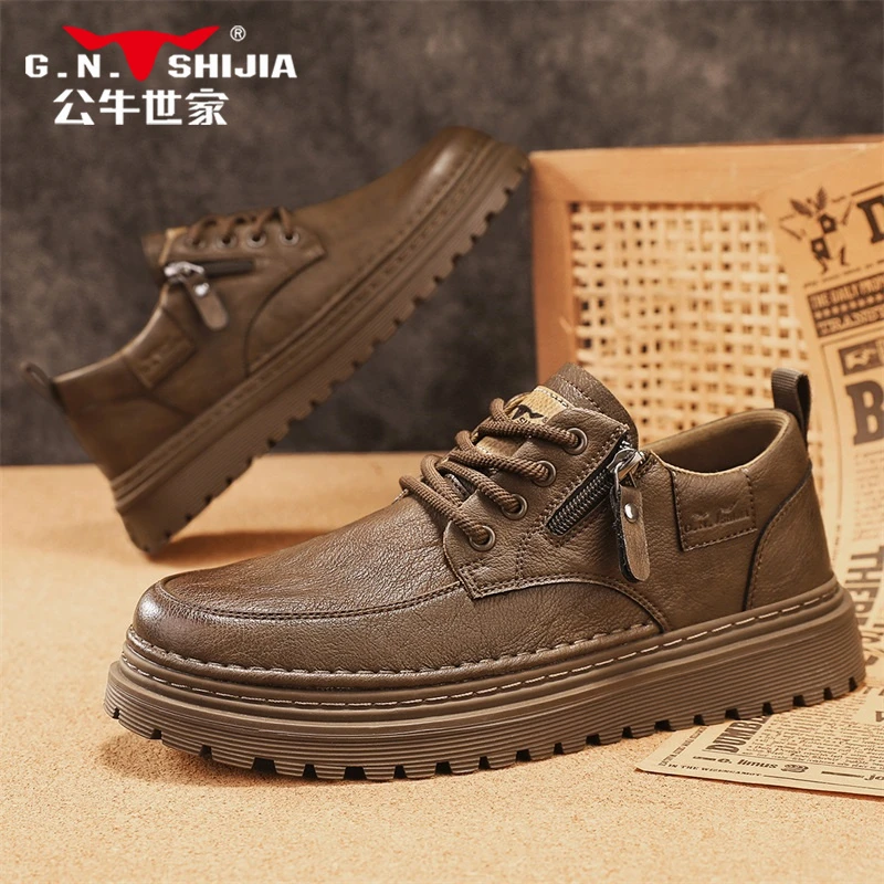 公牛世家2025冬季新款厚底增高百搭复古男鞋低帮运动时尚休闲皮鞋