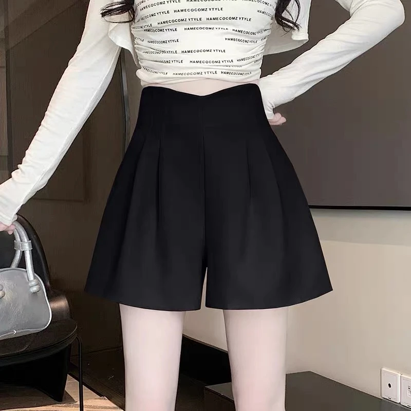 （XI ZI女装）休闲时尚夏季黑色西装料高腰显瘦宽松版阔腿短裤#812