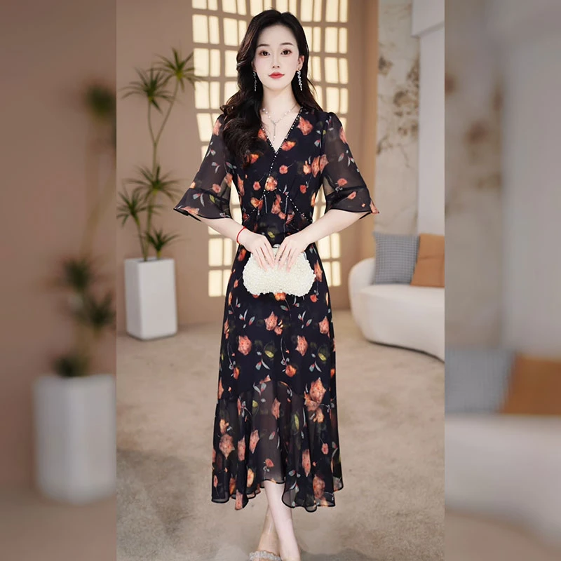 【千羽定制】黑色碎花连衣裙2025年夏季新款女人味收腰显瘦鱼尾裙子