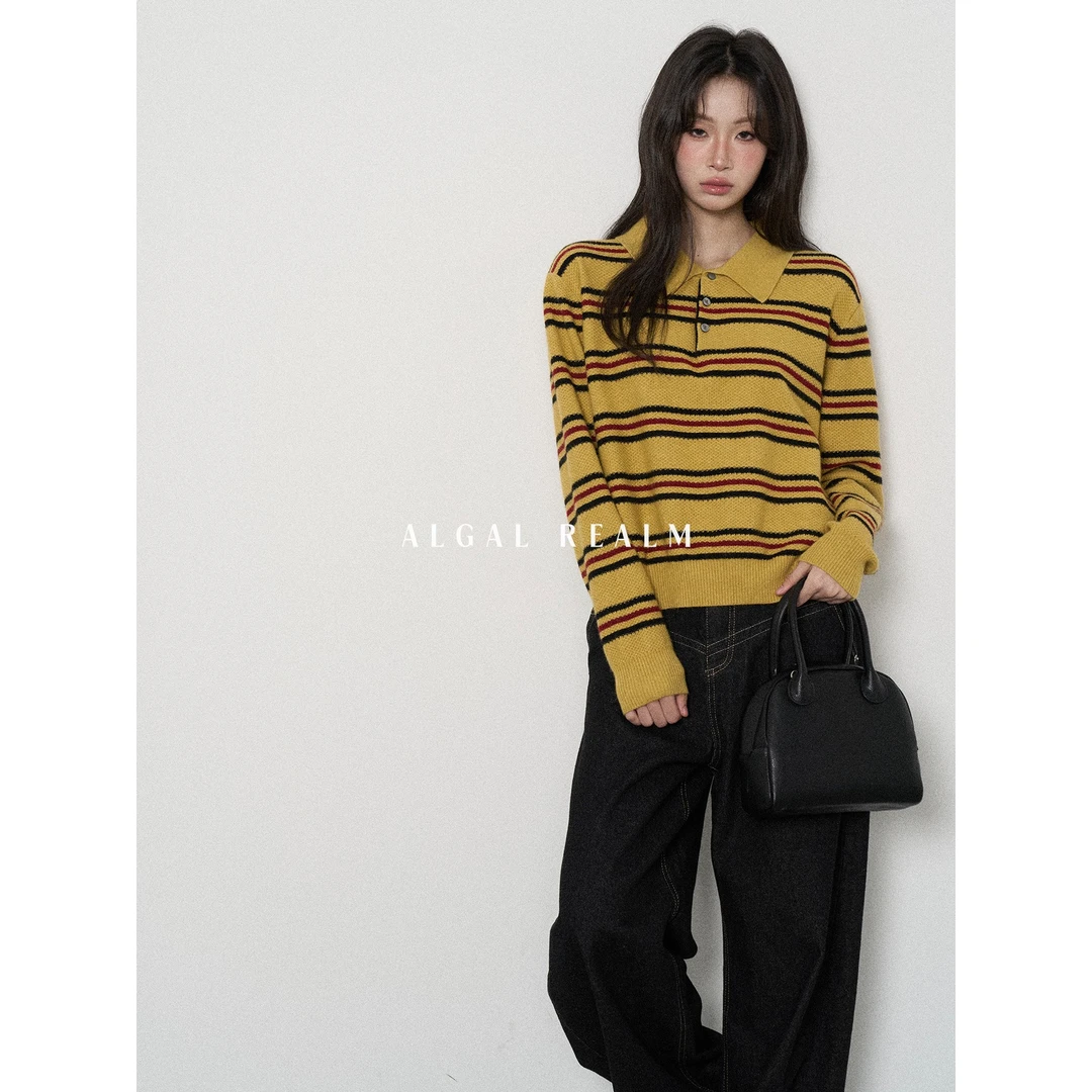 高品质休闲宽松条纹POLO领长袖针织衫秋冬新款黄色条纹女复古上衣