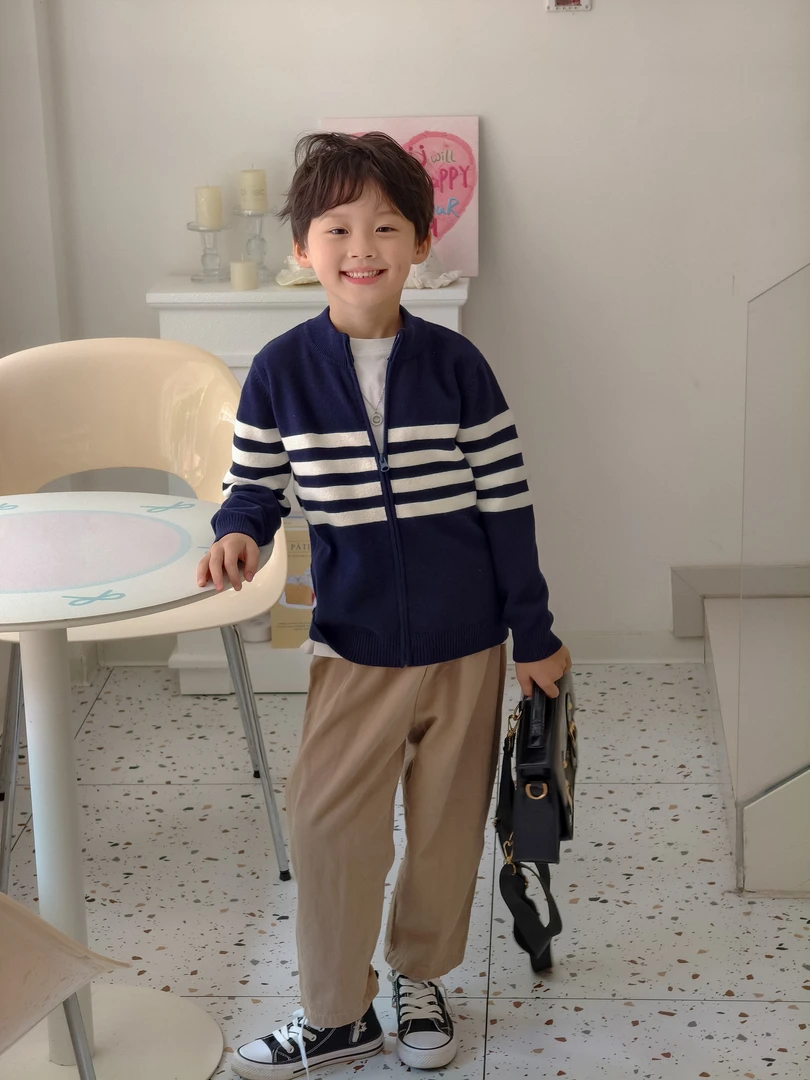 【天然棉】早春洋气新款男童女童针织儿童长袖条纹拉链开衫休闲百搭