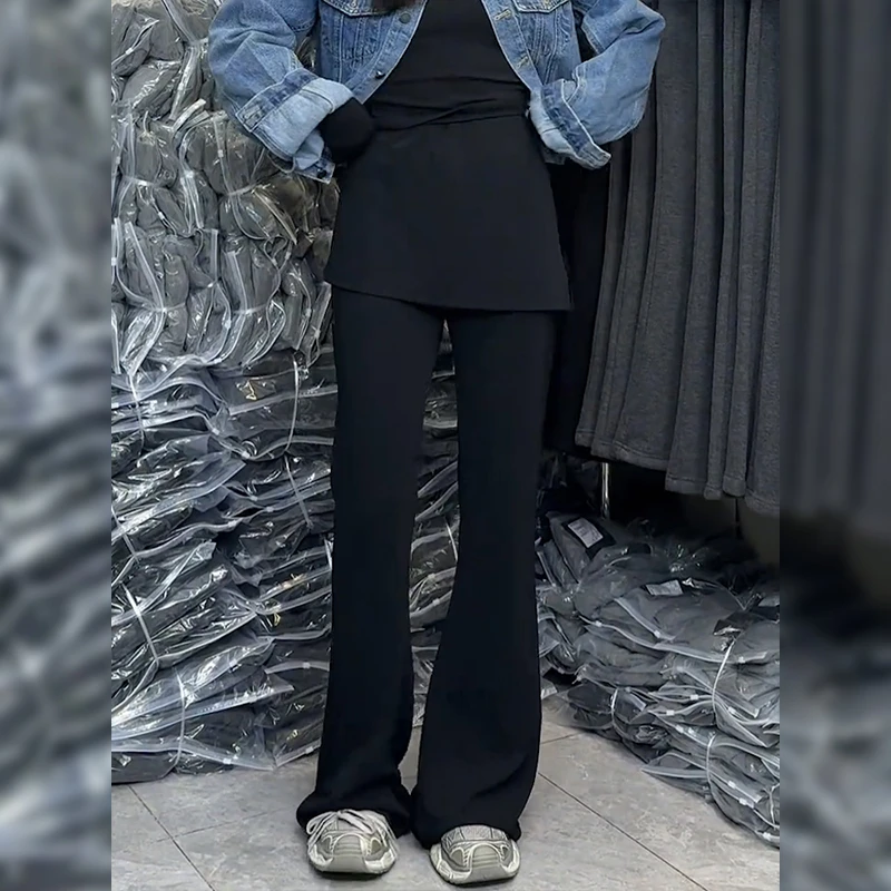 假两件拼接围裙黑色喇叭裤女2025秋季新款大码胖mm屁帘休闲微喇裤