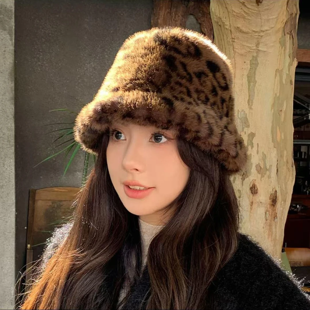 木木（RZ6340） 帽围60厘米 深棕色豹纹毛茸渔夫帽帽子