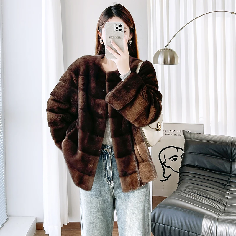 海宁2024年新款水貂皮草女整貂爆款貂皮大衣中长款横排圆领外套冬