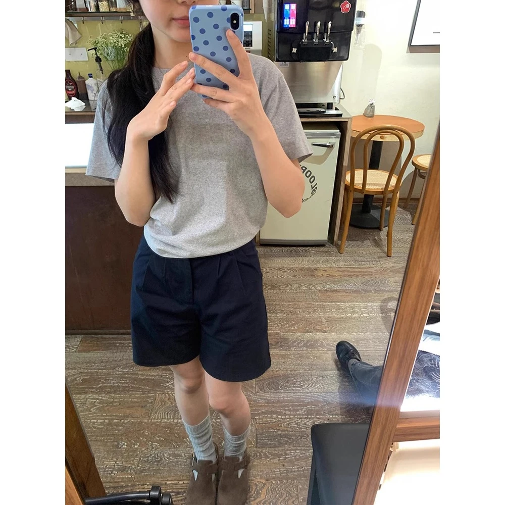 美式高街藏青色休闲短裤女夏季薄款宽松百搭直筒运动五分裤阔腿裤